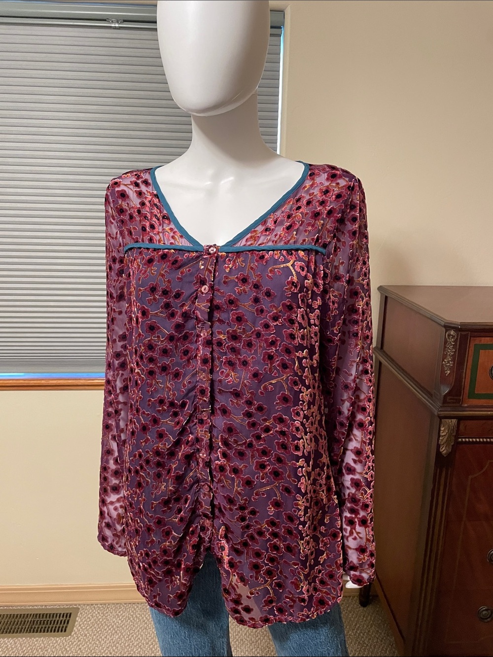 Sundance Cherry Blossom Sakura Burnout Velvet Floral Button-Front Blouse